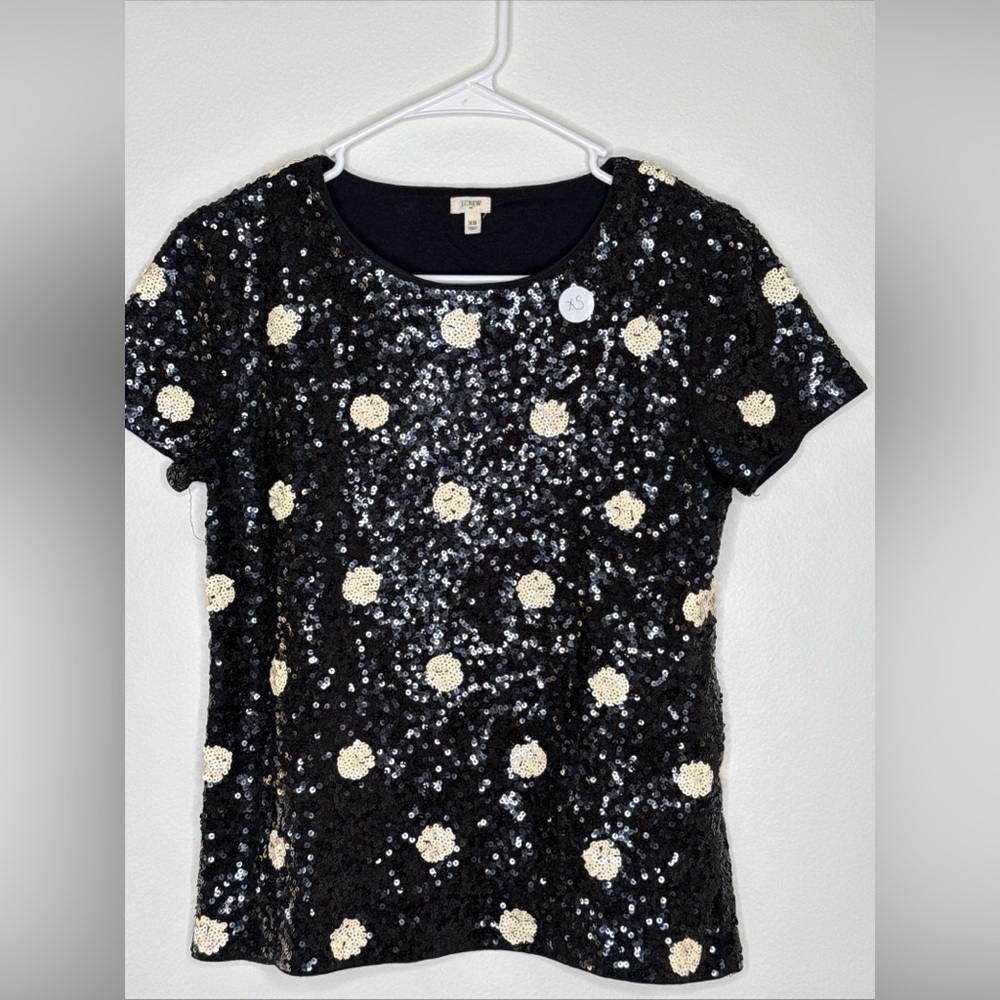 J Crew Sequin Polka Dot Shirt Women XS Black White Short Sleeve Party Event